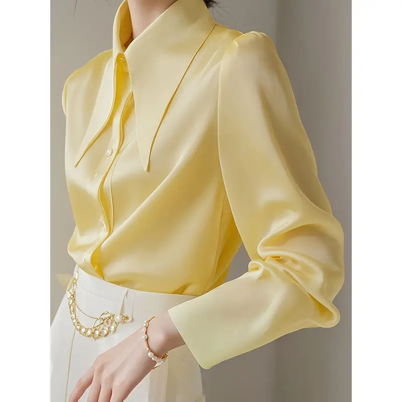 French  yellow big pointed collar long sleeved shirt with a female design , unique, high-end,  spring and autumn