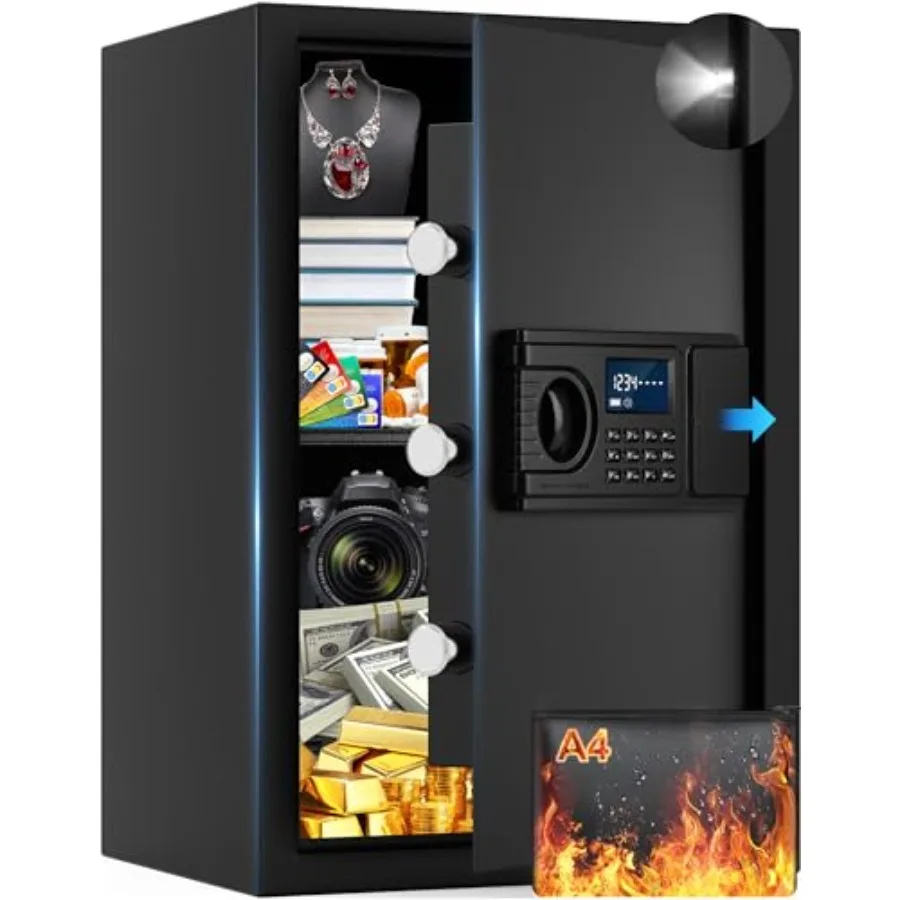 

Сейф для дома объемом 1,65 куб. футов, огнестойкий, водонепроницаемый, для хранения документов, с LED-дисплеем, цифровой клавиатурой, системой сигнализации и режимом скрытой установки