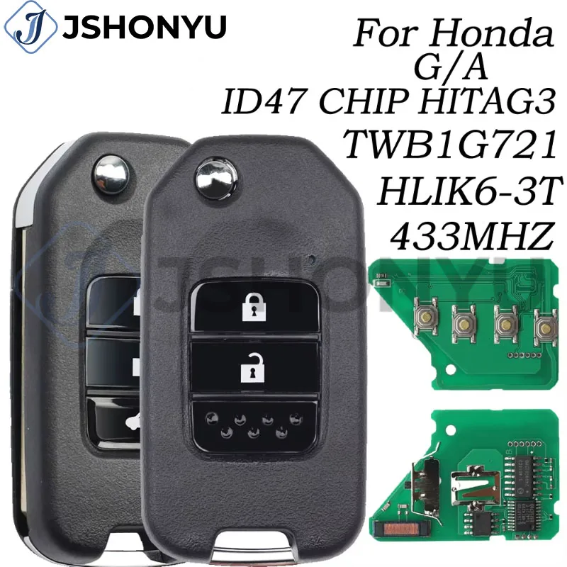 

JsHonYu TWB1G721 HLIK6-3T 433MHz ID47 Chip A G Blade Remote Car Key for Honda Accord Civic CRV Jazz City Fob