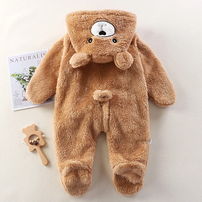 Barboteuse à capuche de dessin animé à pieds pour bébés, combinaisons chaudes en peluche, vêtements de détente pour bébés, tenue pour tout-petits,