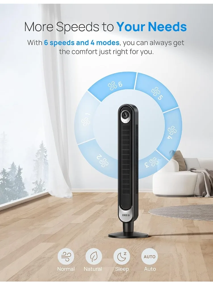 Tower Fan 42 Inch, Quiet Oscillating Bladeless Fan with Remote, 6 Speeds, 4 Modes, LED Display, 12H Timer