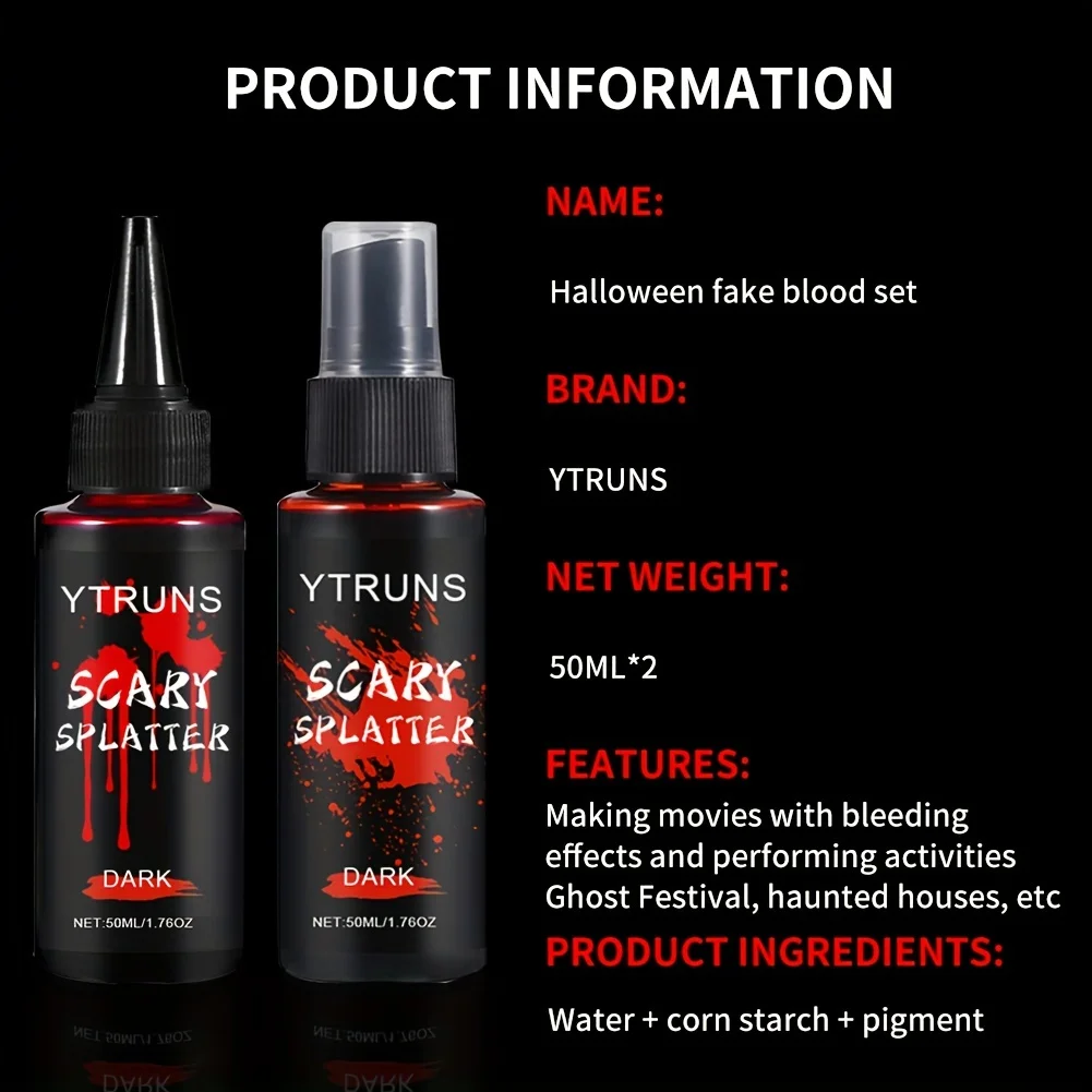 طقم مكياج دم مزيف للهالوين مكون من قطعتين - رذاذ دم مزيف 1.76 أونصة + دم نازف 1.76 أونصة، خاص واقعي وقابل للغسل