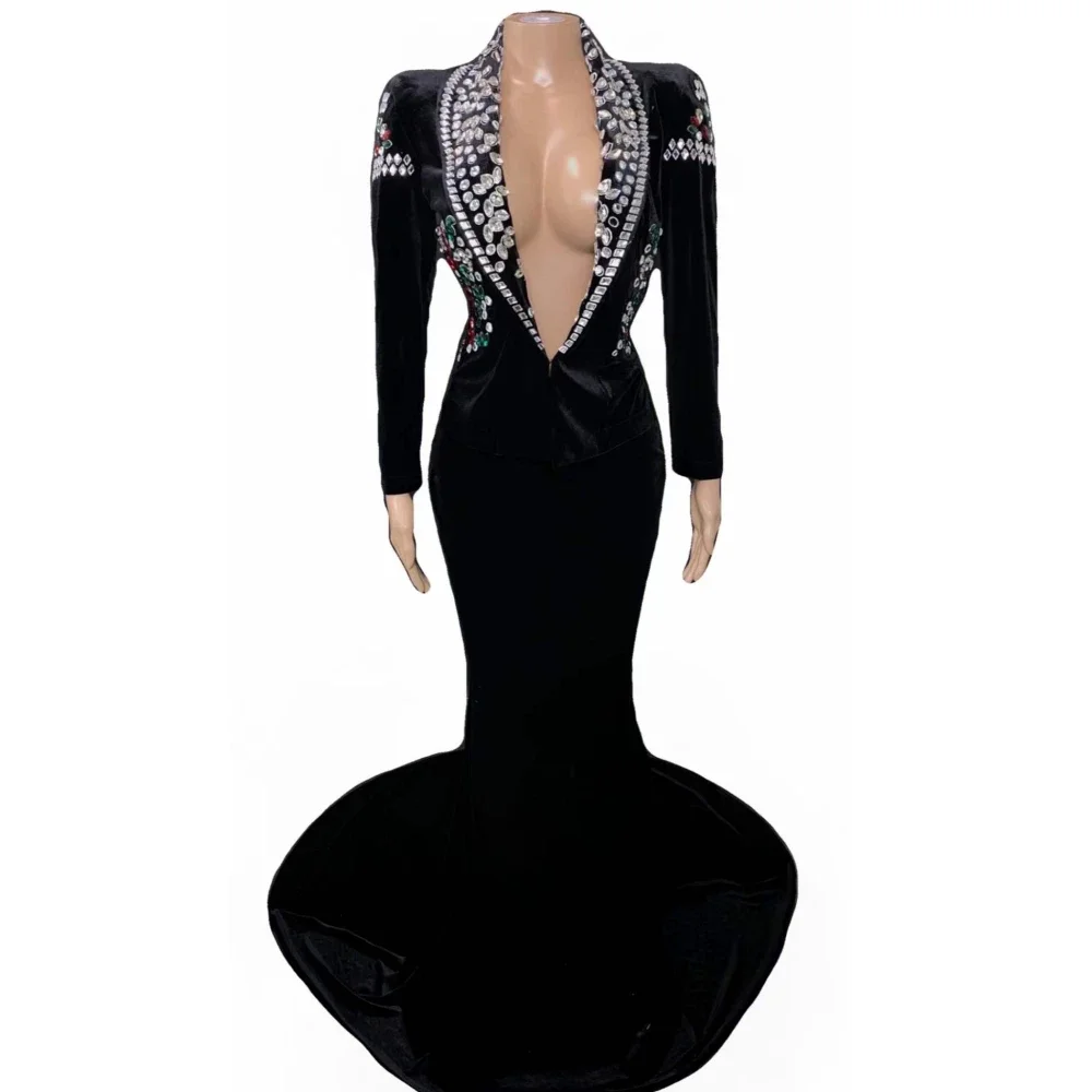 Black Sexy Deep V-Neck Swan Velvet Crystal Rhinestones Women Long Dress Wedding Evening Banquet Party Clothing Stage Costumes