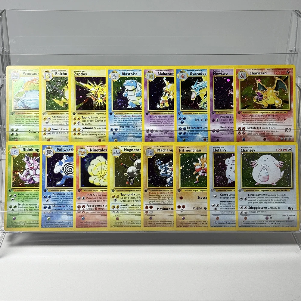 Итальянский базовый набор Pokémon, фольгированные игровые карты DIY PTCG: Алаказам, Бластойс, Гьярадос, Чаризард, Магнетон, Мьютв, Нидокинг, Венузур, Запдос.