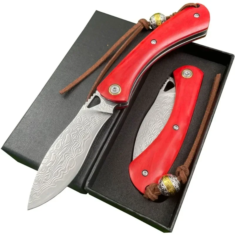 

Pocket folding knife Cow bone Handle Damascus Blad edc multitool knives Utility outdoor selbstverteidigung kitchen cutting knife