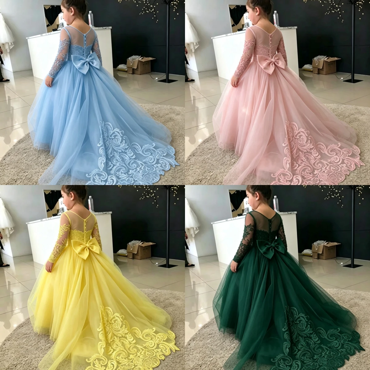 Custom Flower Girl Dress Illusion Long Sleeve Sweetheart Neck Big Bow Back Lace Appliqué Train Kids Wedding Birthday Pageant
