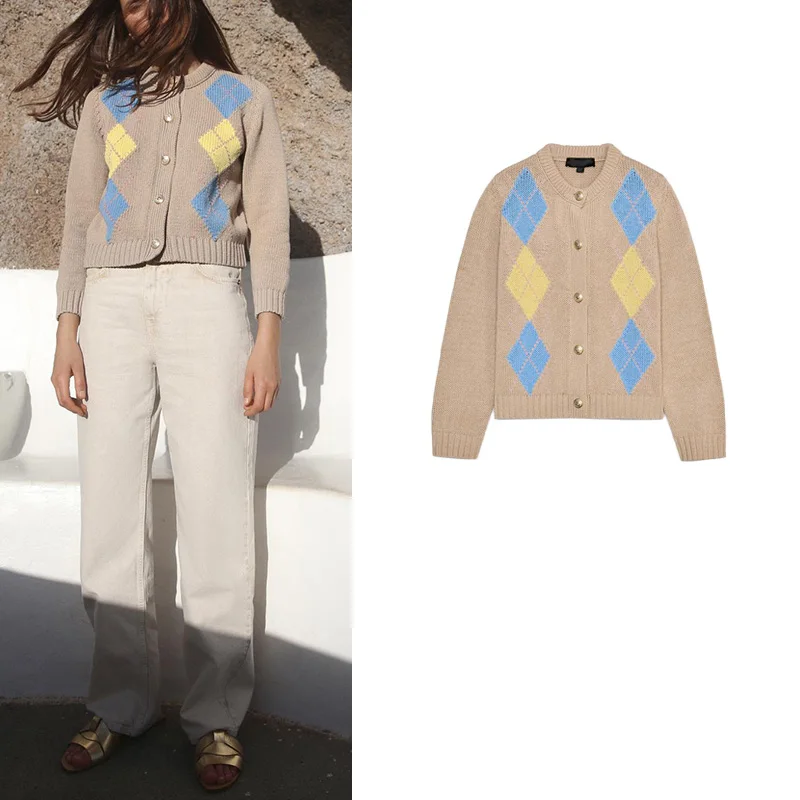 Spring New Arrival Women's Knitted Long Sve round Ne Outerwear with Ribbed Layer And Diamond Pattern Commute Sle Loose...