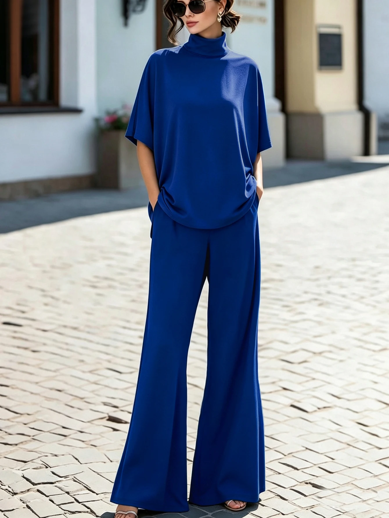 Women's Exquisite Solid Color Klein Blue Half-High Collar Waterdrop Cutout Back Loose Batwing Short-Sleeve Top + High-Waisted Pleated Flared Long Pants Two-Piece Set, Casual Workplace Daily Vacation Elegant Outfit, Spring and Autumn Two-Piece Set