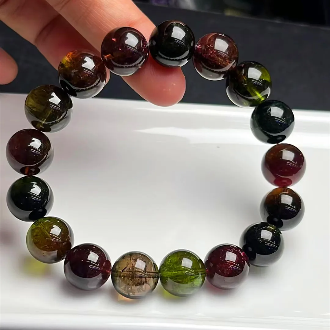 Natural Colorful Tourmaline Clear Round Beads Bracelet 12.3mm Brazil Women Men Red Rose Tourmaline Fashion AAAAAAA