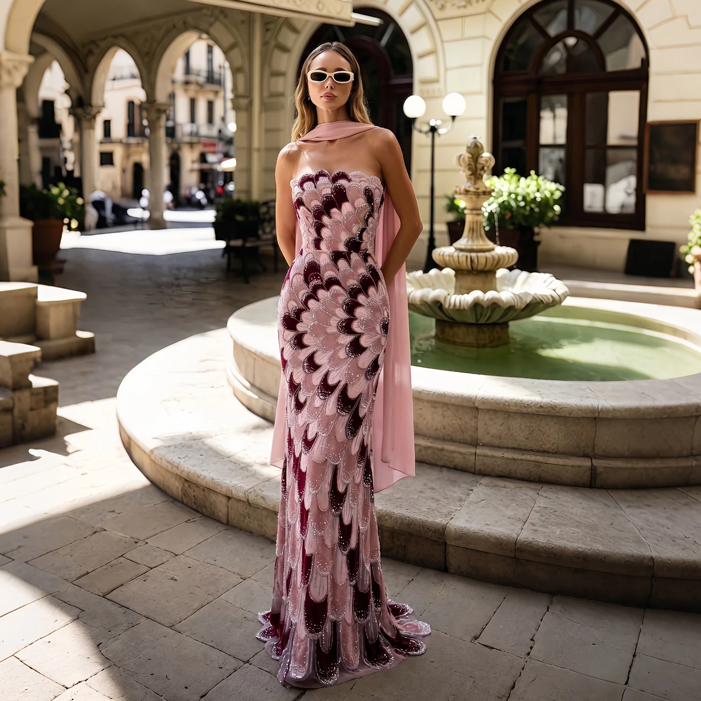 Sharon Said Luxuriöses rosa handbesticktes Abendkleid, trägerlos mit Schal, transparentes Meerjungfrauenkleid für formelle Anlässe, Partykleider SS617, maßgeschneidert
