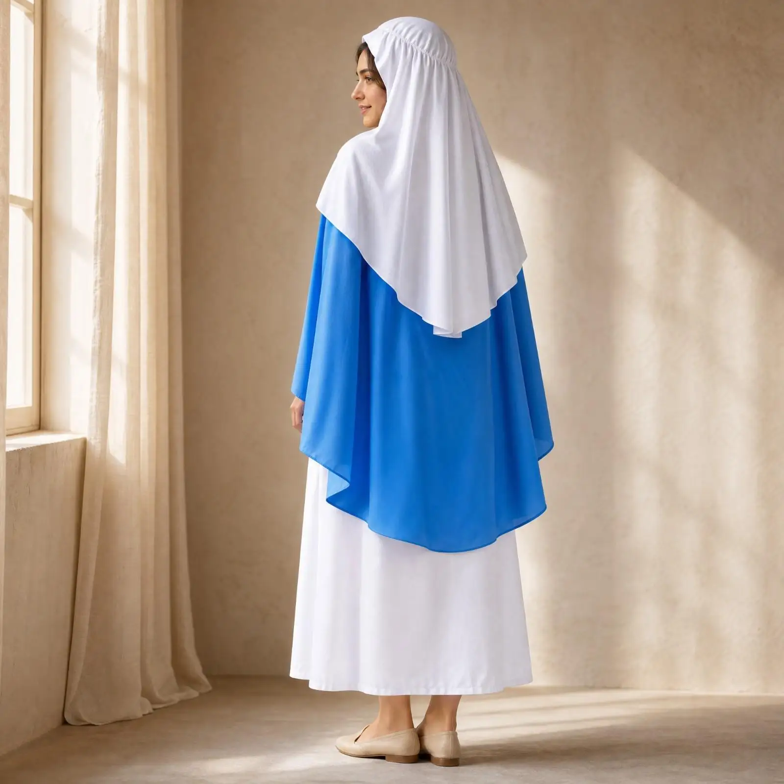 Fantasy Costume Dress for Women Rabbit Fur Hooded Long Robe Blue Draped Sleeves Halloween Party Outfit
