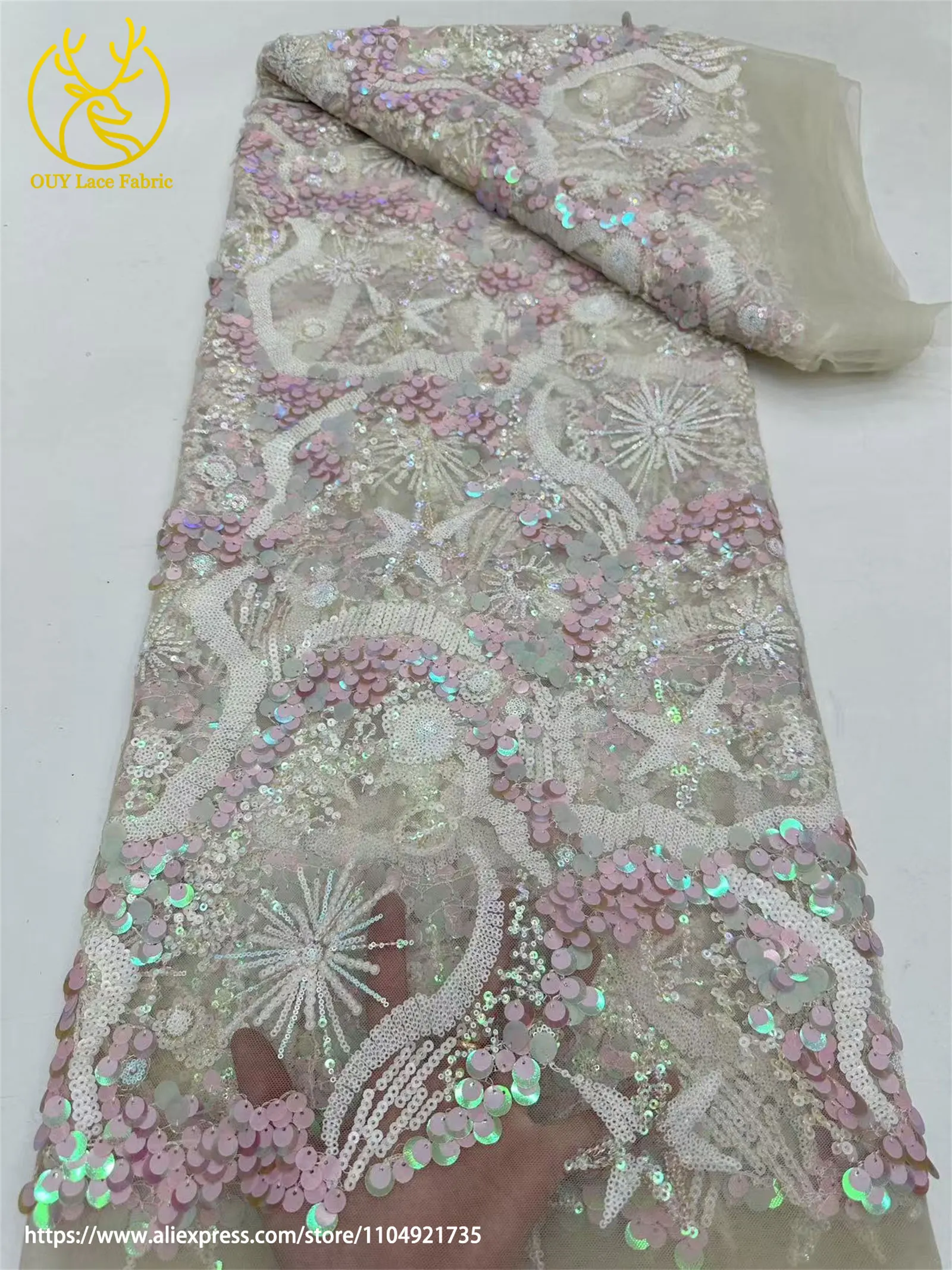 Hochwertiger afrikanischer nigerianischer bunter Pailletten-Stickerei-Spitzenstoff, zartes Kleid, Nähen, Brautparty, Dinnerparty, Hochzeit – Detail 12
