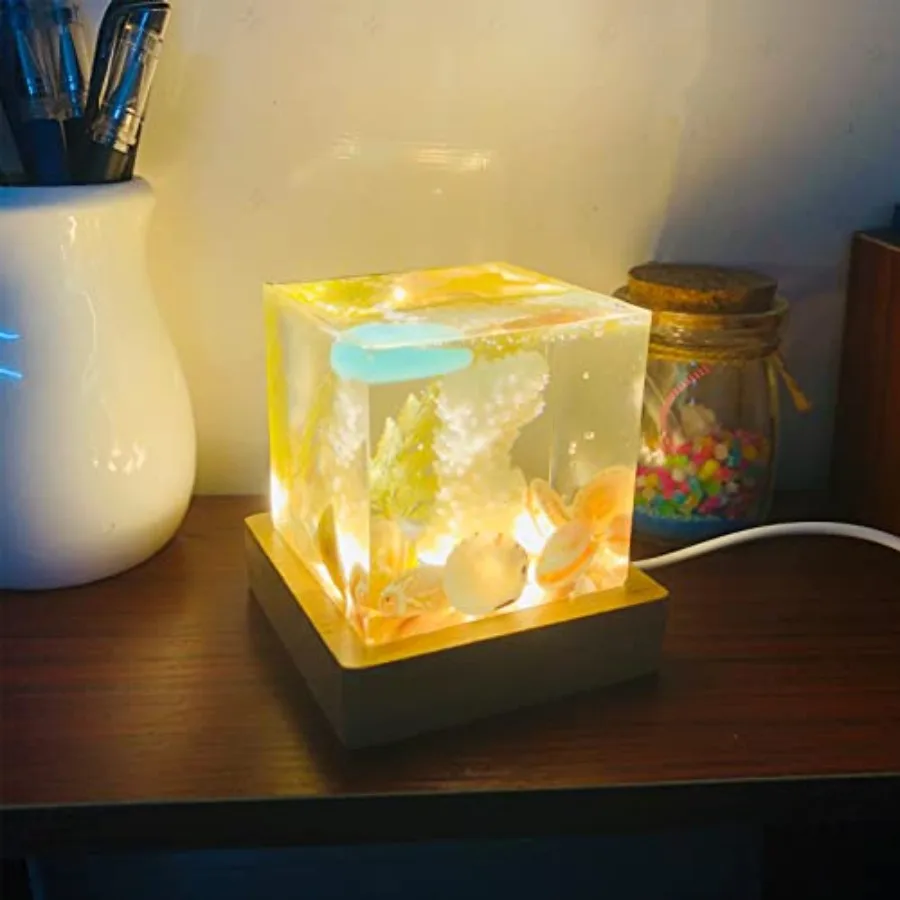 Light Resin Square Molds, Large Cube LED Silicone Moulds for Resina with USB Powered Wooden Lighted Base for DIY Crystal Resin