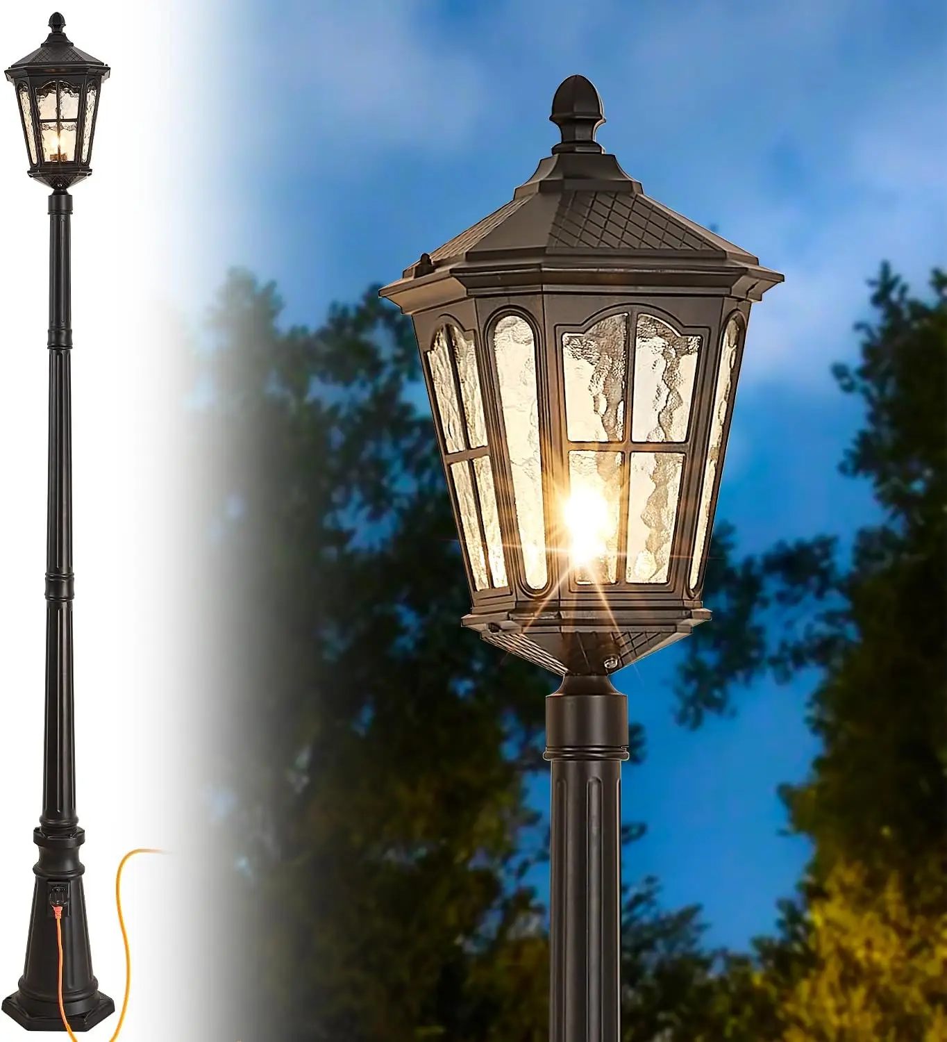 Waterproof outdoor pole light with outlet dusk to dawn vintage black garden pathway yard street lamp water ripple glass fixtures