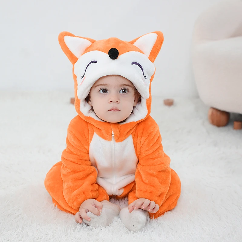 Kigurumis Foxs Baby Girls Clothes Romper Winter Soft Warm Infant Onesie Bodysuit Cosplay Costume Hooded Zipper Jumpsuits