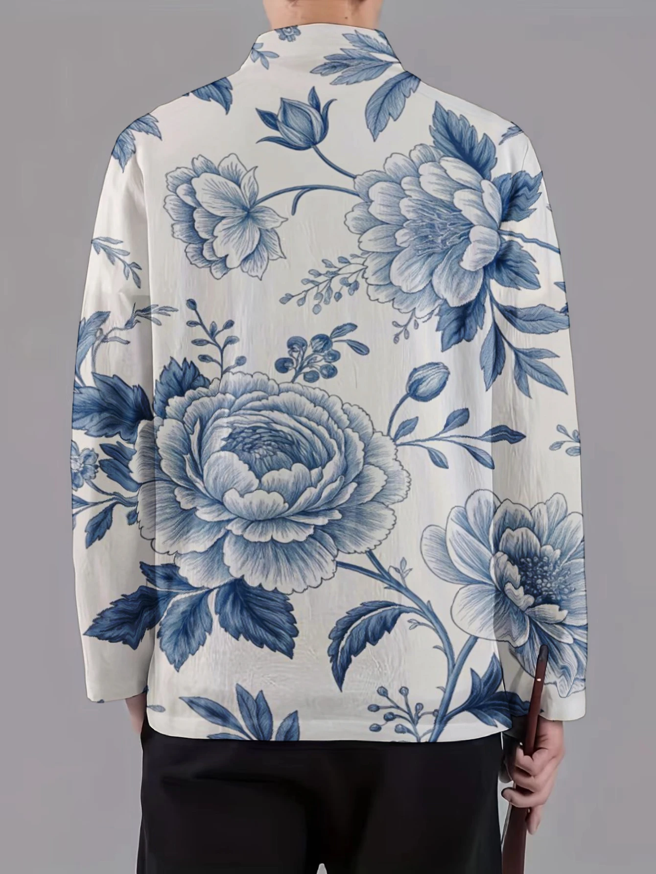 Men Mandarin Collar Frog Button Jacket Bird Floral Marble Ink Art Print Traditional Outerwear