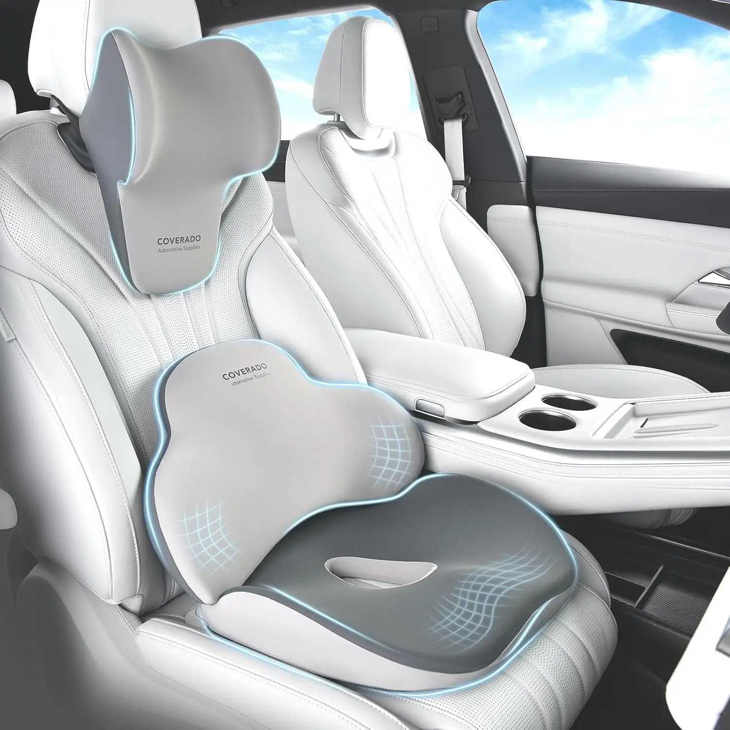 

Memory Foam Car and Office Seat Cushion with Headrest for Back Pain Relief, Ergonomic Design