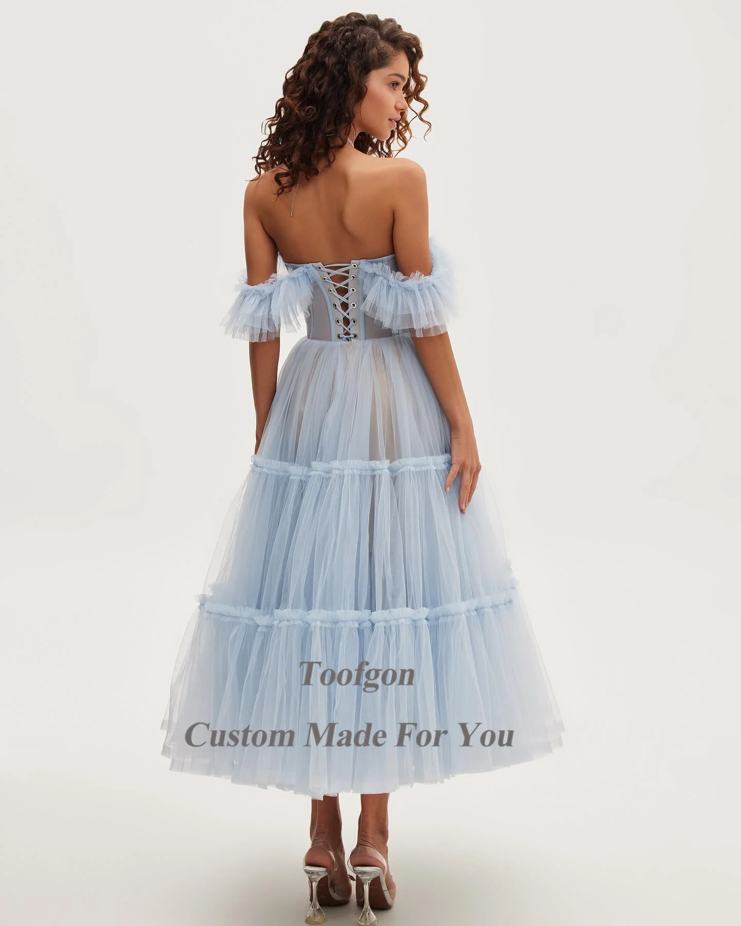 Toofgon céu azul tule midi vestidos de baile para mulheres espartilho roupas especiais festa formal vestidos de baile vestido de noite personalizado