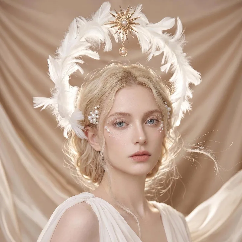 White Feather Halo Crown Headband, Bridal Angel Feather Headpiece, Boho Wedding Festival Hair Accessory, Goddess Headband