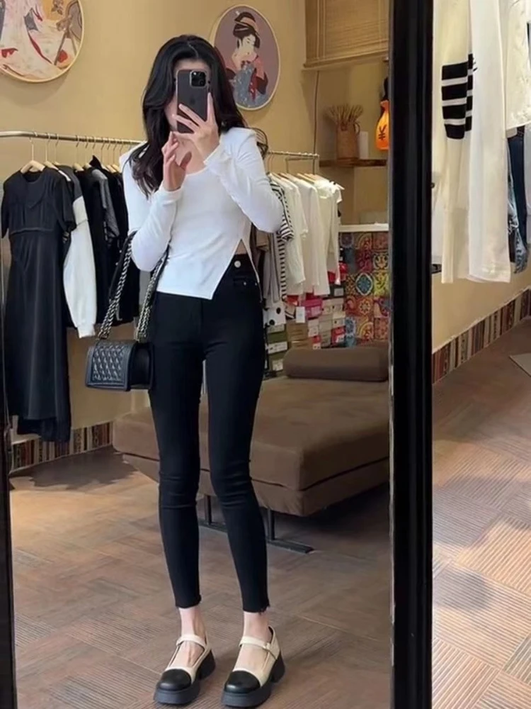 2026 New Women's U Neck Form Fit Top Irregular Slit Long Sleeve High Waist Autumn Trendy