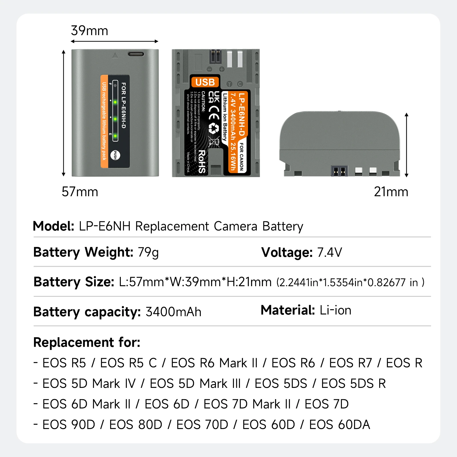 3400mAh LP-E6NH LP E6NH LP E6 Battery with USB Input for Canon R7 R5 R6 R 5D IV/III/II 6D II 7D II 60D 6D 6D2 7D 7D2 XC10 XC15