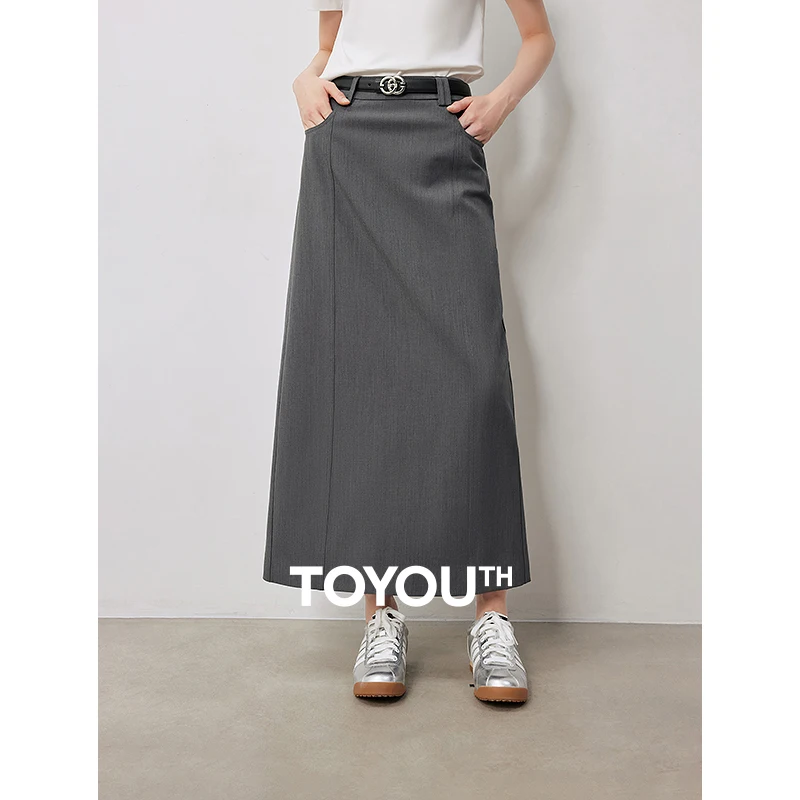 TOYOUTH Women Skirt 2024 Autumn New High Waist Open Slit Stright Solid Color Long Skirt