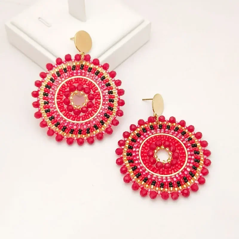 Rice bead earrings Hollow out Fashion Versatile Hand knitting Alloy Bohemia Geometry Female Crystal  Roundness Beaded earrings