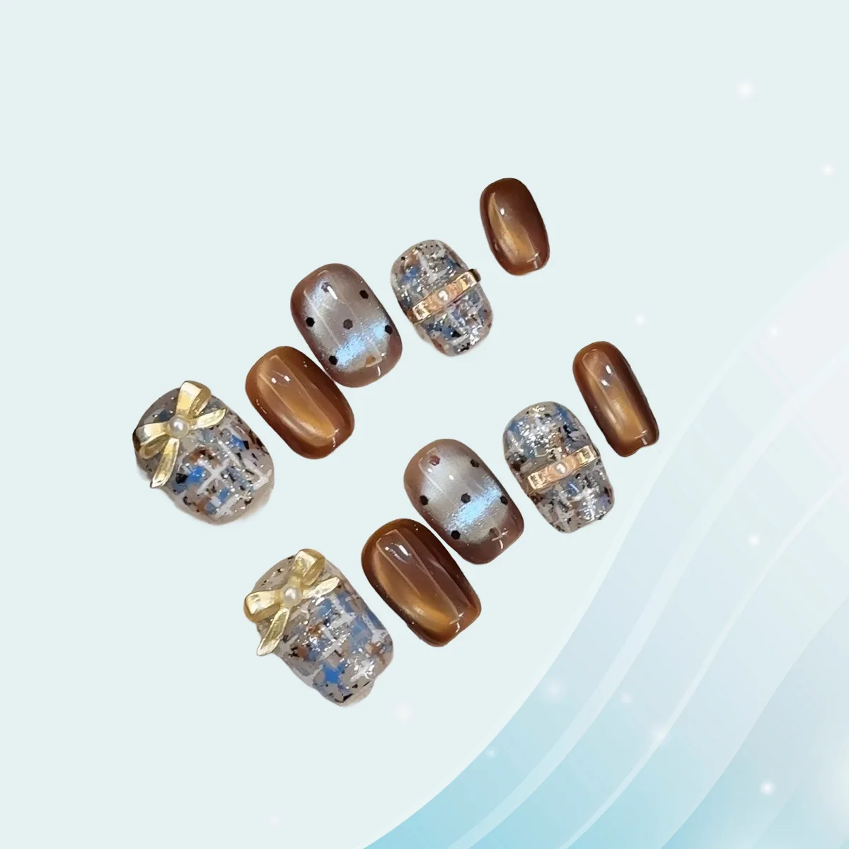 

10pcs Short Square Handmade Nails Brown Glass Bead Cat-Eye Press on Nail for Women&Girl Plaid Bow Removable Wearable False Nail