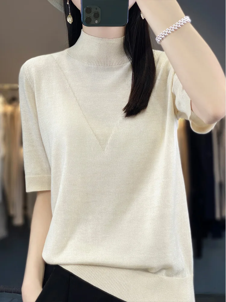 

2024 Spring/Summer New Fashion Half High Neck Short Sleeve Women's Wool Knit Sweater T-shirt Half Sleeve Korean Loose Pullover