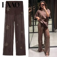 HXAO Pantalones de lentejuelas marrones para mujer Primavera Verano 2025 Pantalones elegantes semitransparentes con cuentas Pantalones elegantes Pantalones largos de cintura alta Mujer