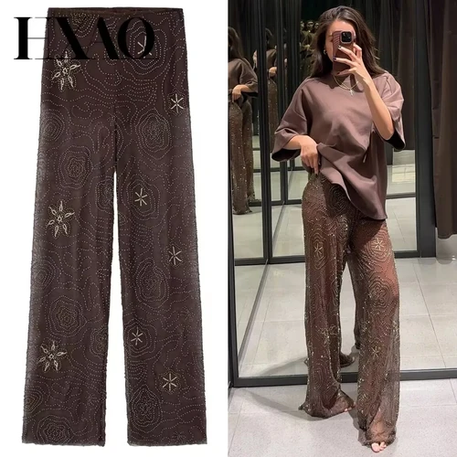 HXAO Pantalones de lentejuelas marrones para mujer Primavera Verano 2025 Pantalones elegantes semitransparentes con cuentas Pantalones elegantes Pantalones largos de cintura alta Mujer