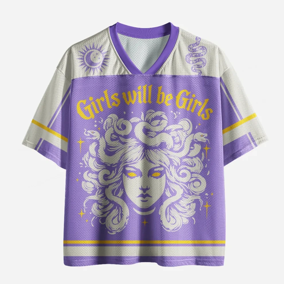 Retro Medusa Snake Hair Fairy Pattern V-neck Mesh Sports Jersey Short Sleeve Men's and Women's Loose Trendy T-shirt