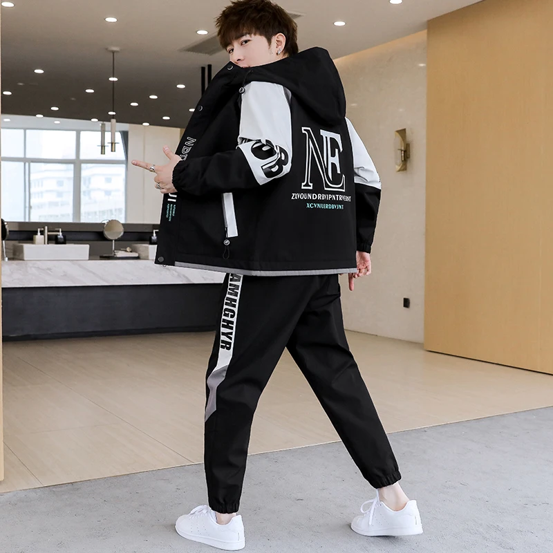 

Teenage Boys Spring Autumn New Faion Casual Sportswear Hooded Jaet Set Long Sve Long Pants Sweatirt Sle