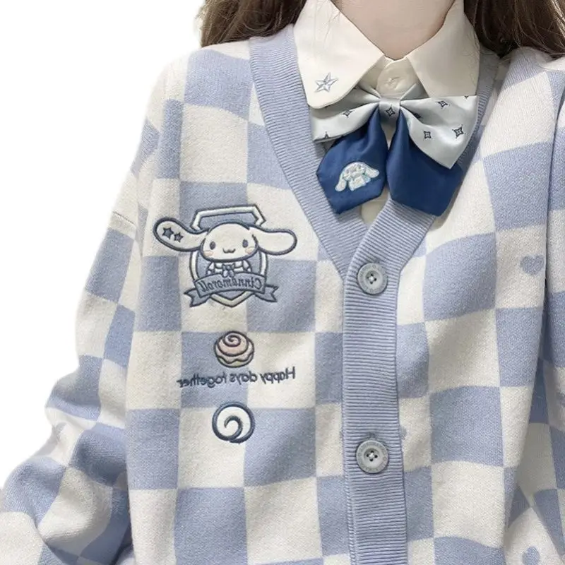 Sanrio kawaii Cinnamoroll cute jk uniform checkerboard sweater jacket cardigan women winter college style top loose blue sweater