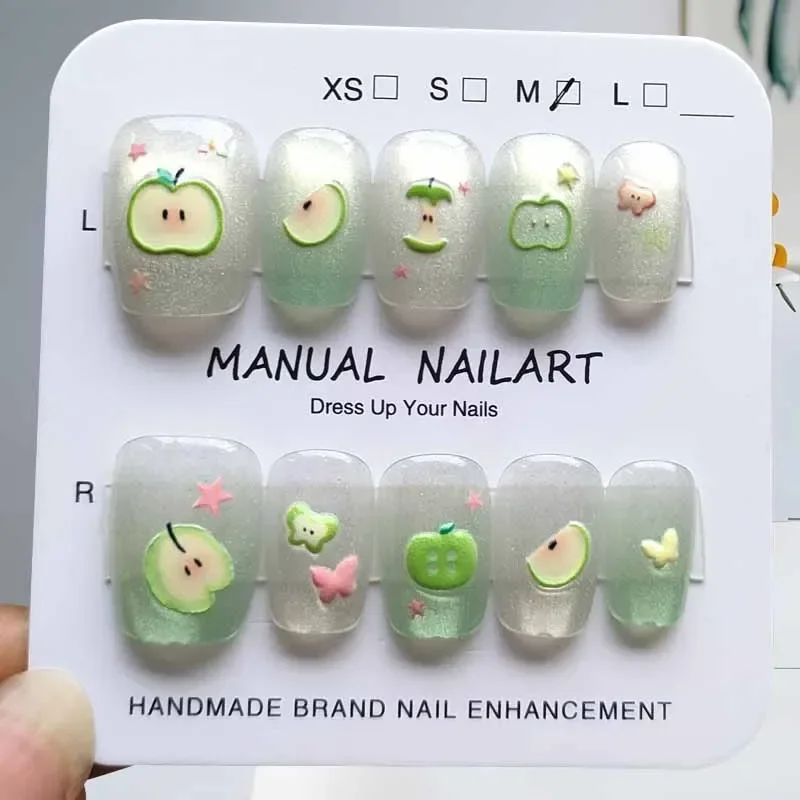 10Pcs French Cute Sky Blue Ice Crystal Apple with Cat's Eye Press on Nails Short Style Finger Princess Waterproof Fake Nails