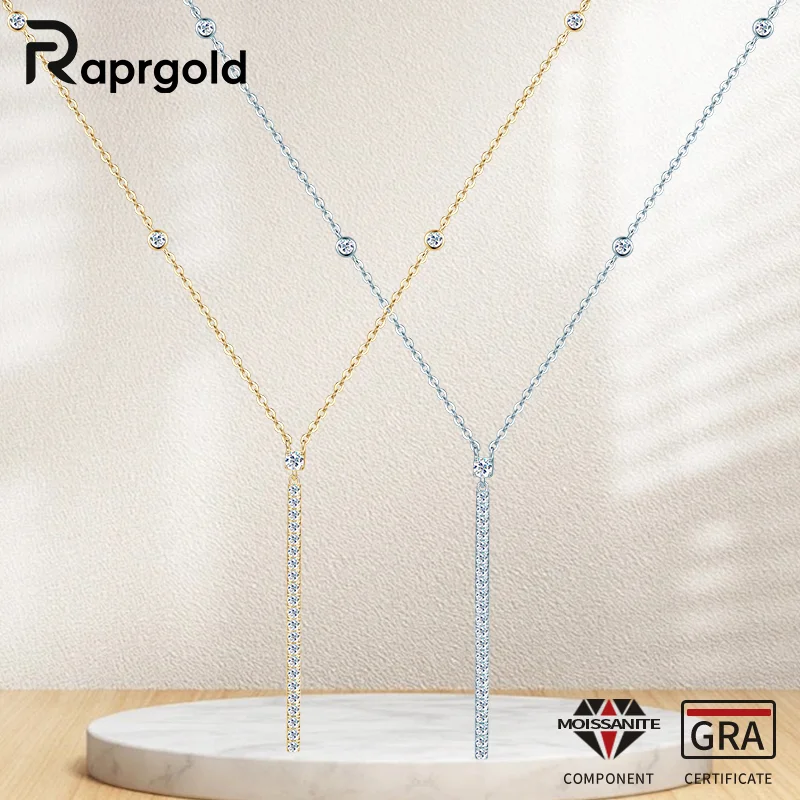 

RAPRGOLD Round Cut Moissanite Bar Pendant Necklaces for Women Real 925 Sterling Silver Clavicle Chains Fine Neck Jewelry Gifts