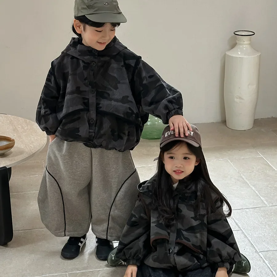 Kids Camouflage Hooded Jacket Autumn Boys Girls Loose Windbreaker Coat Children Casual Outerwear for Toddler Outdoor Daily