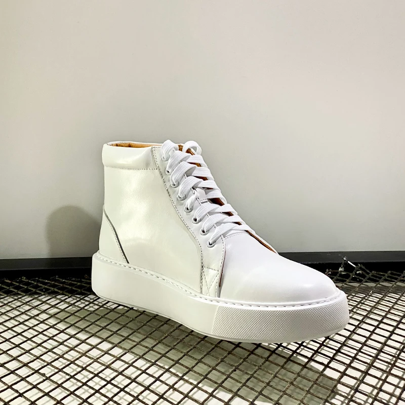 New Luxury High-top Casual Board Shoes Men Genuine Leather Lace Up White Casual Sport Flat Shoes Youth Sneakers