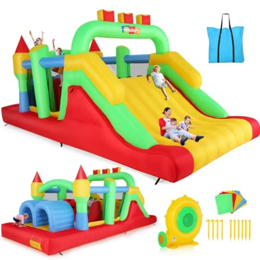 

Надувная полоса препятствий-батут для детей 8-12 лет, большой батутный комплекс 18,5 x 8 футов с двумя горками, туннелями для ползания и зонами для лазания