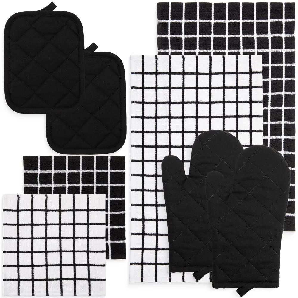 High Absorbency Cotton Kitchen Towel Set and Dishcloths with Heat Resistant Oven Mitt and Potholder 8 Piece Combo in Black for Cooking Baking Cleaning Dish Drying Perfect Housewarming Gift Practical Home Kitchen