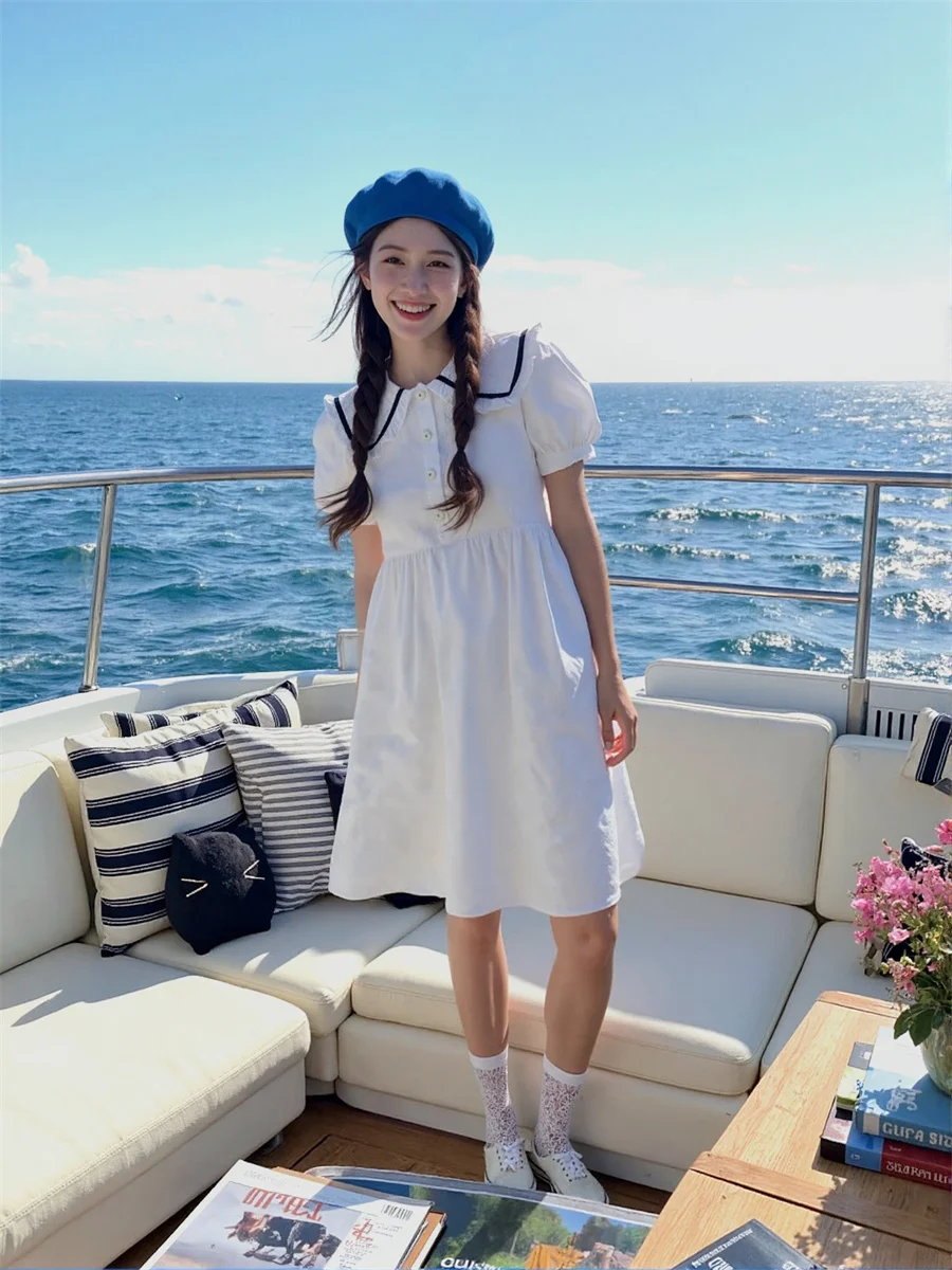 Vestidos de mujer estilo japonés Casual cuello Peter Pan suelto plisado plisado a mano volantes volantes fruncido nivel ahumado