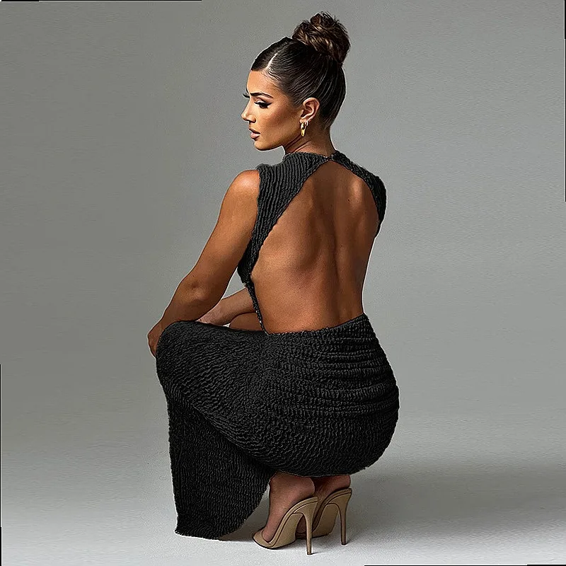 Women's Sleeveless Textured Backless Split Bodycon Dress Spring Summer Tight Fitted Dresses
