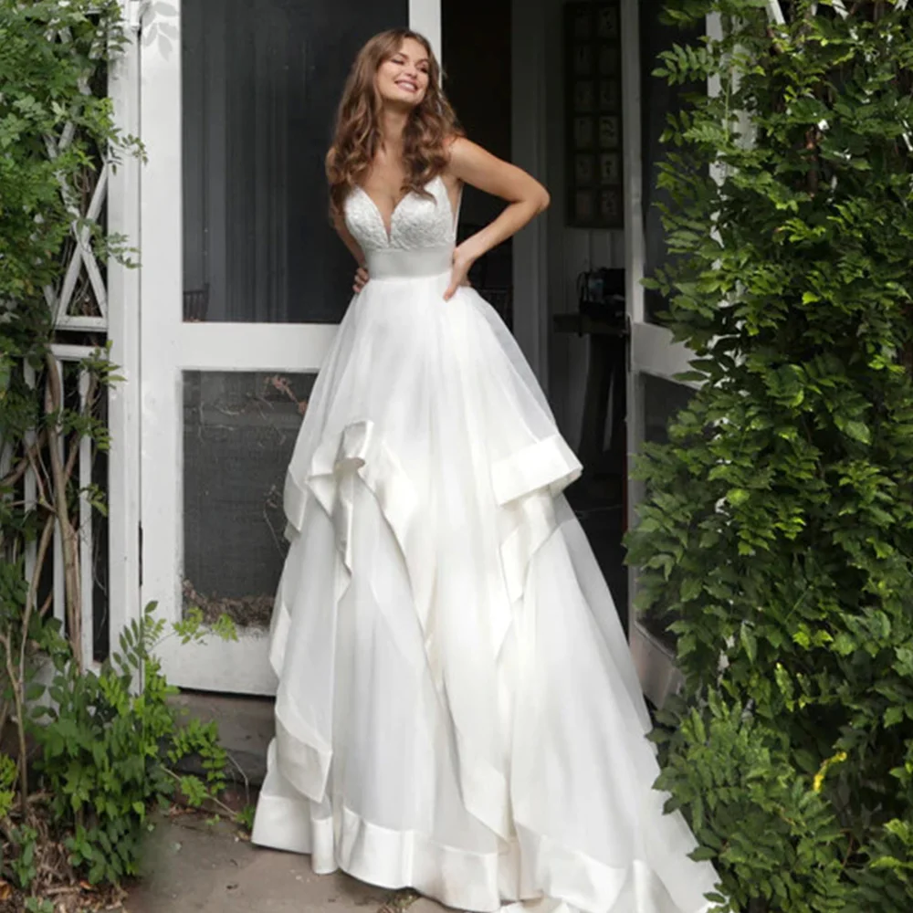 V-Neck Spaghetti Strap Tulle Satin Wedding Dresses Double Tiered A-Line Irregular Skirt Bridal Marriage Gowns Robe De Mariée