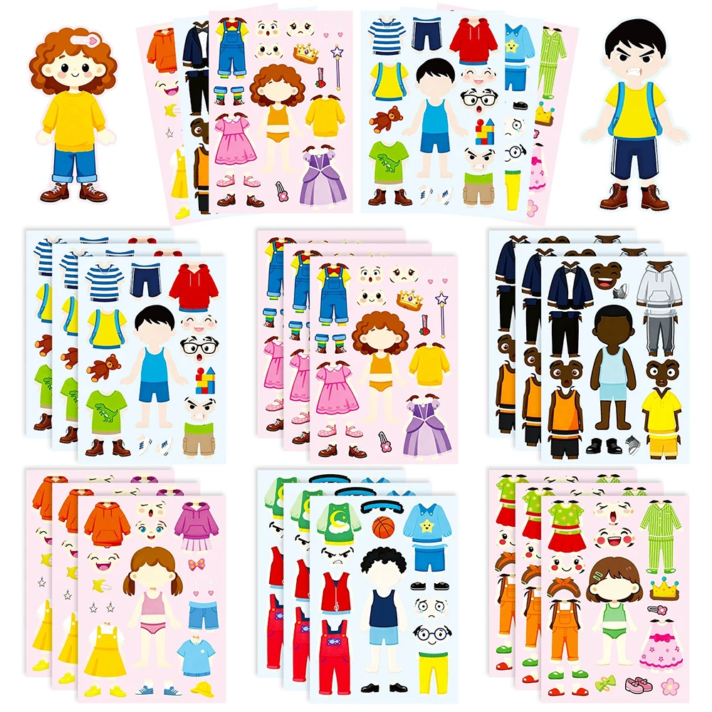 สติกเกอร์ตัวต่อแต่งตัวตัวละคร 6/12 แผ่น สนุกสนานด้วยการสร้างหน้าการ์ตูน เกมต่อจิ๊กซอว์ DIY ประกอบเอง ของเล่นเสริมพัฒนาการ รางวัลงานปาร์ตี้ ของขวัญ