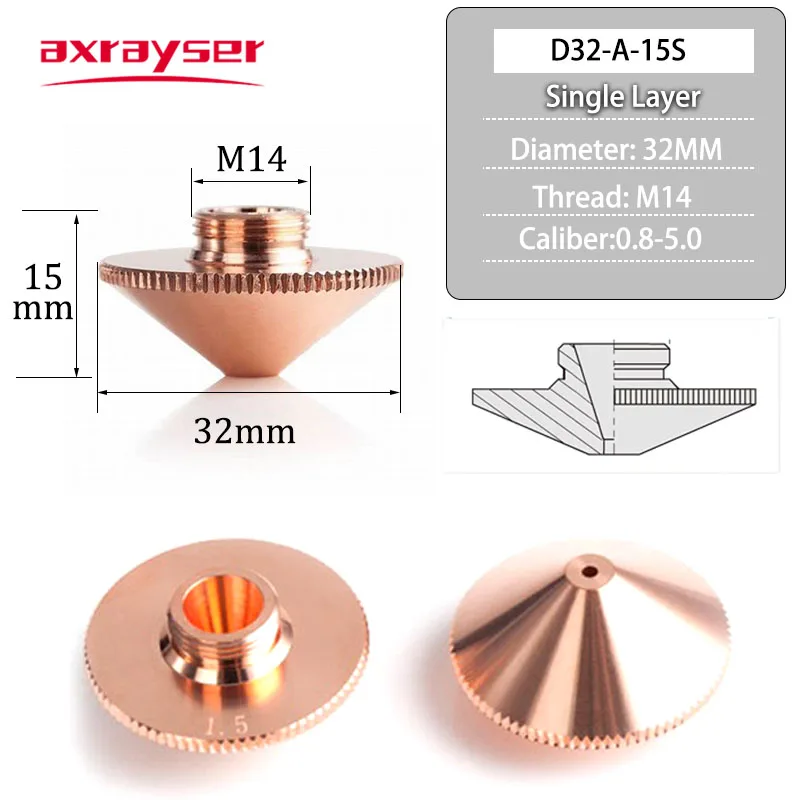 Axrayser raytools bico laser camada única/dupla dia.32mm calibre 0.8-4.0mm cromado para máquina cnc de corte a laser de fibra