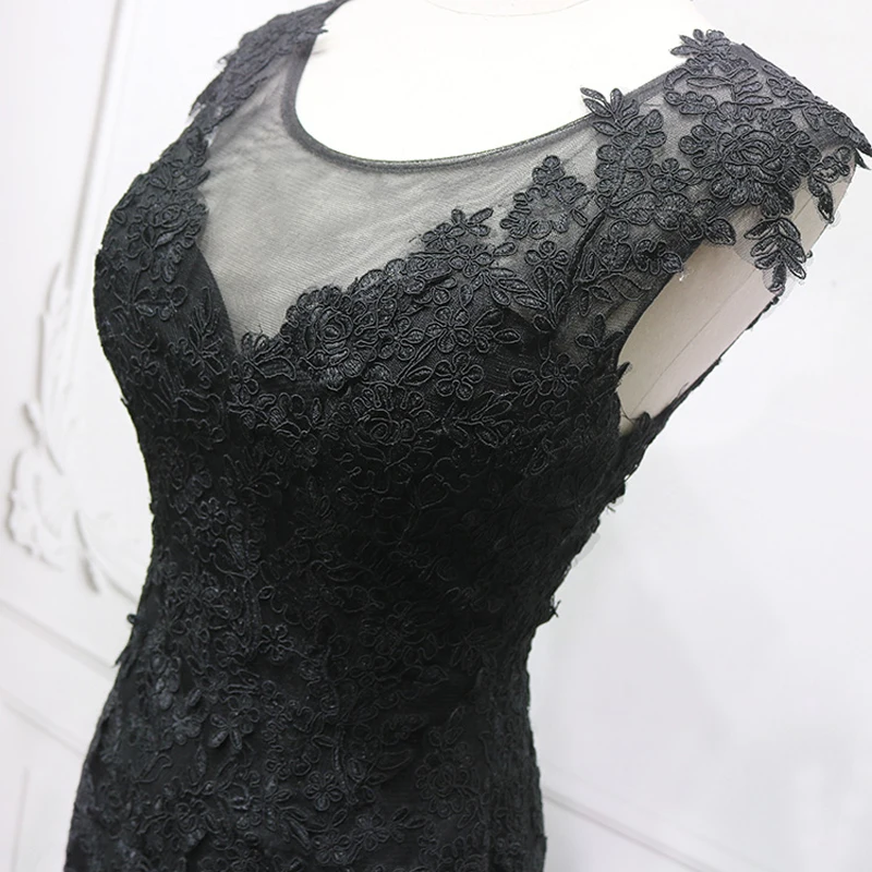 Vestido de noche de tul de ilusión de encaje negro, cuello redondo sin mangas, cremallera trasera, sirena, trompeta, hasta el suelo, más vestidos de fiesta para niña B2236