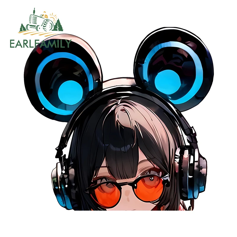 EARLFAMILY 13cm Earphone Girl Anime Peek Car Stickers Fanart Orange Glasses Slap Windows Decal Warning Creative Trunk Decor