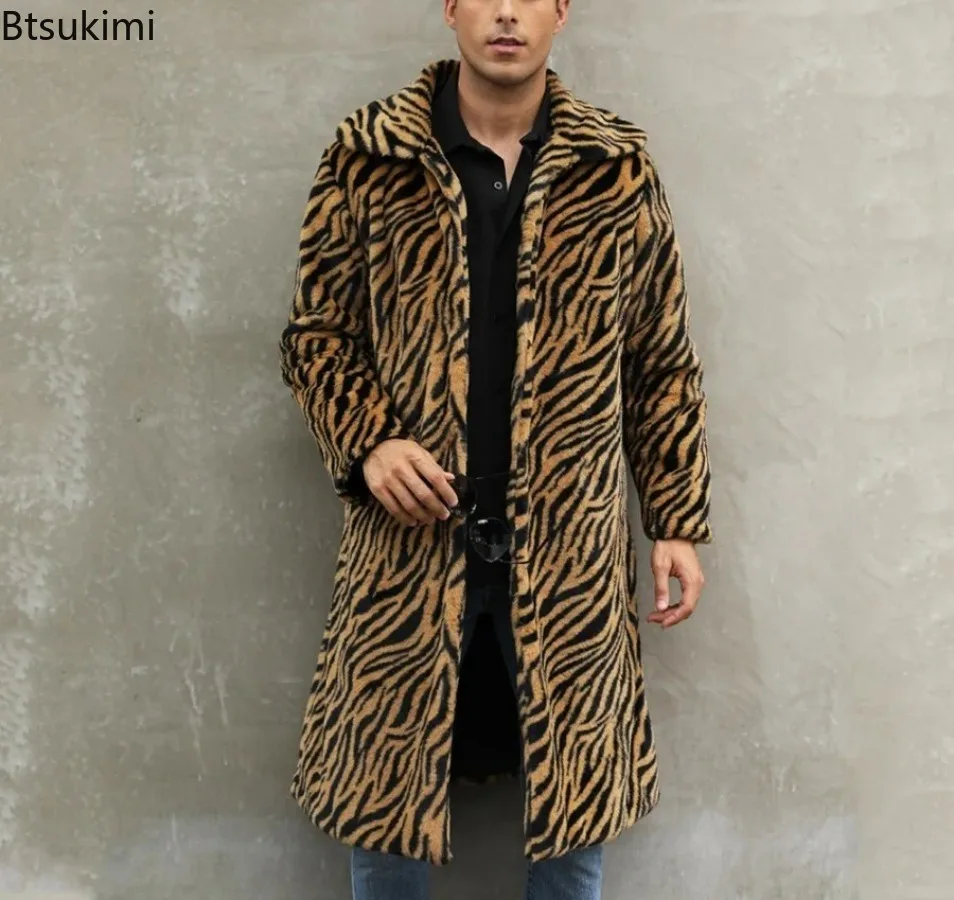 

New Men's Warm Faux Fur Jacket Coat Autumn Winter Thick Leopard Long Sleeve Warm Coats Shaggy Outerwear Luxury Fur Jackets Male