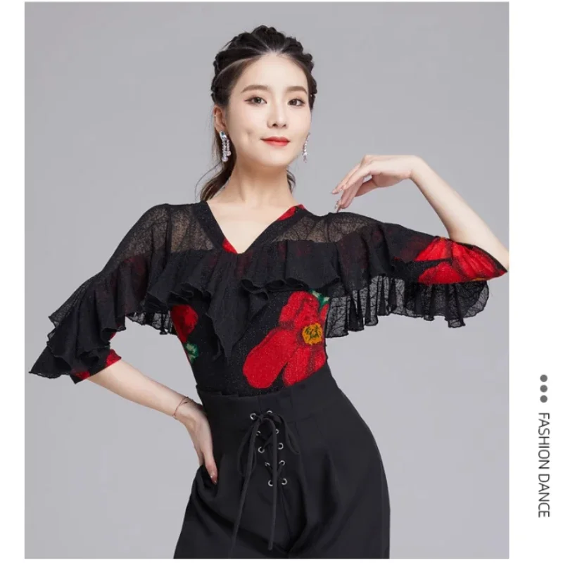 Competition Lady Latin Dance Top Women's Modern Dancing Jumpsuit  Social Dance Waltz National Standard Dance Lotus Leaf  Blouse