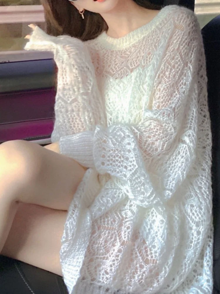 2026 Spring Knitting Sunscreen Sweater New Women's Autumn Sweater Soft Cozy Fairy Style Hollow Out Longline Loose Top